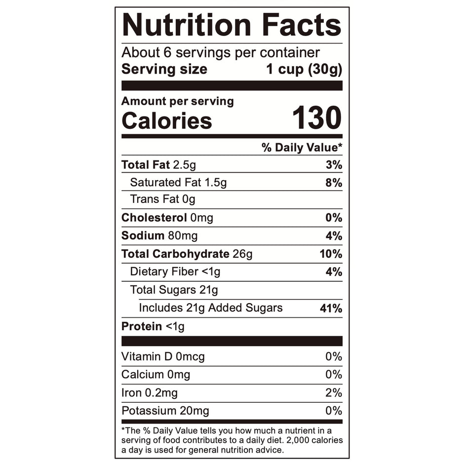 Cotton Candy Popcorn nutrition facts label showing 130 calories per serving and 21g added sugars