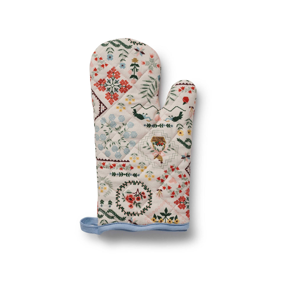 Rifle Paper Co. Home Sweet Home oven mitt with floral and botanical embroidered pattern on cream background