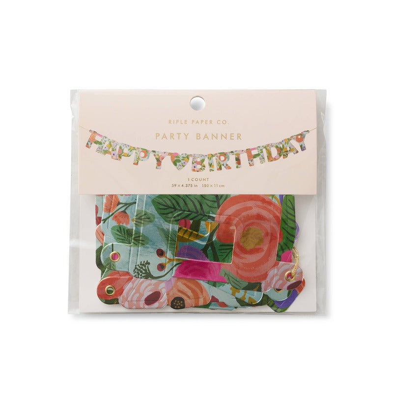 Rifle Paper Co. Garden Party Happy Birthday banner with colorful floral design and gold eyelets