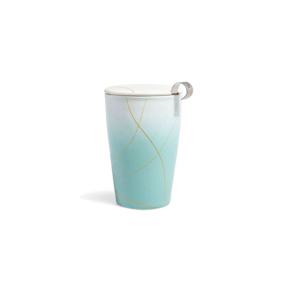 Tea Forte Kati Steeping Cup with infuser in turquoise with gold line design