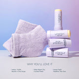 VOESH Heel Repair Duo lavender skincare products with benefits text overlay and towel prop