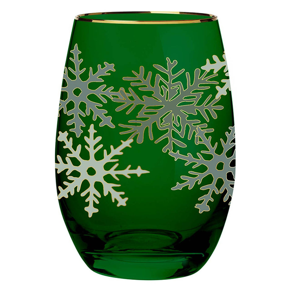 Green stemless wine glass with gold foil snowflake design and gold rim detail