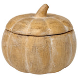 Natural wood pumpkin-shaped candle jar with lid and stem on white background