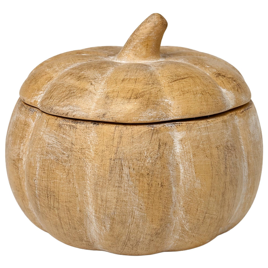Natural wood pumpkin-shaped candle jar with lid and stem on white background