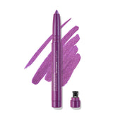 Purple eyeliner pencil with a swatch on a white background