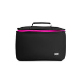 KUSSHI | Neoprene Train Case - Large — black/pink, Black cosmetic bag with pink zipper on a white background