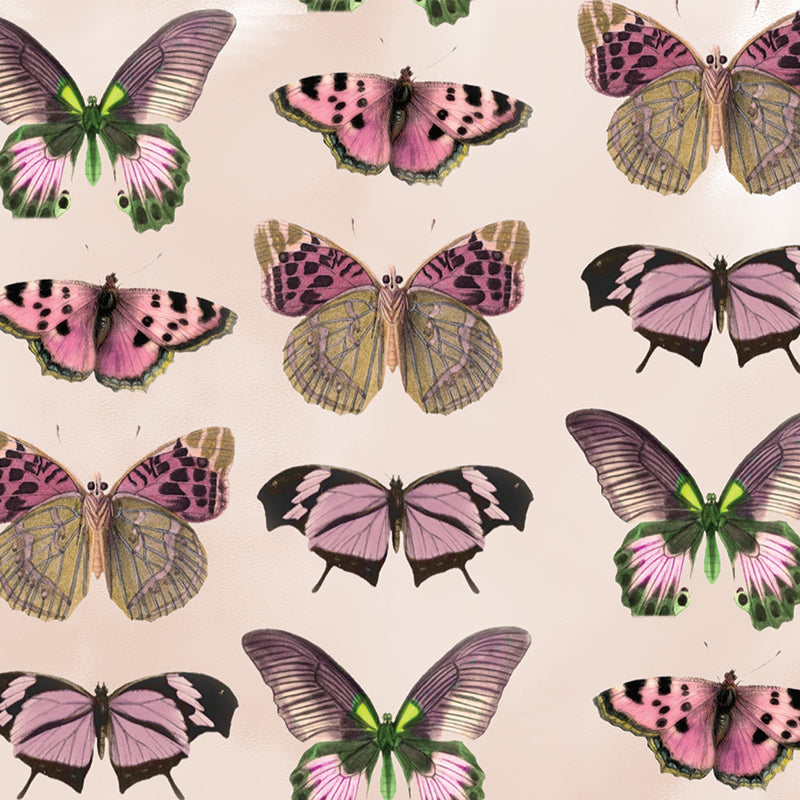 Pink moths of various types arranged in repeating rows on a pale beige background