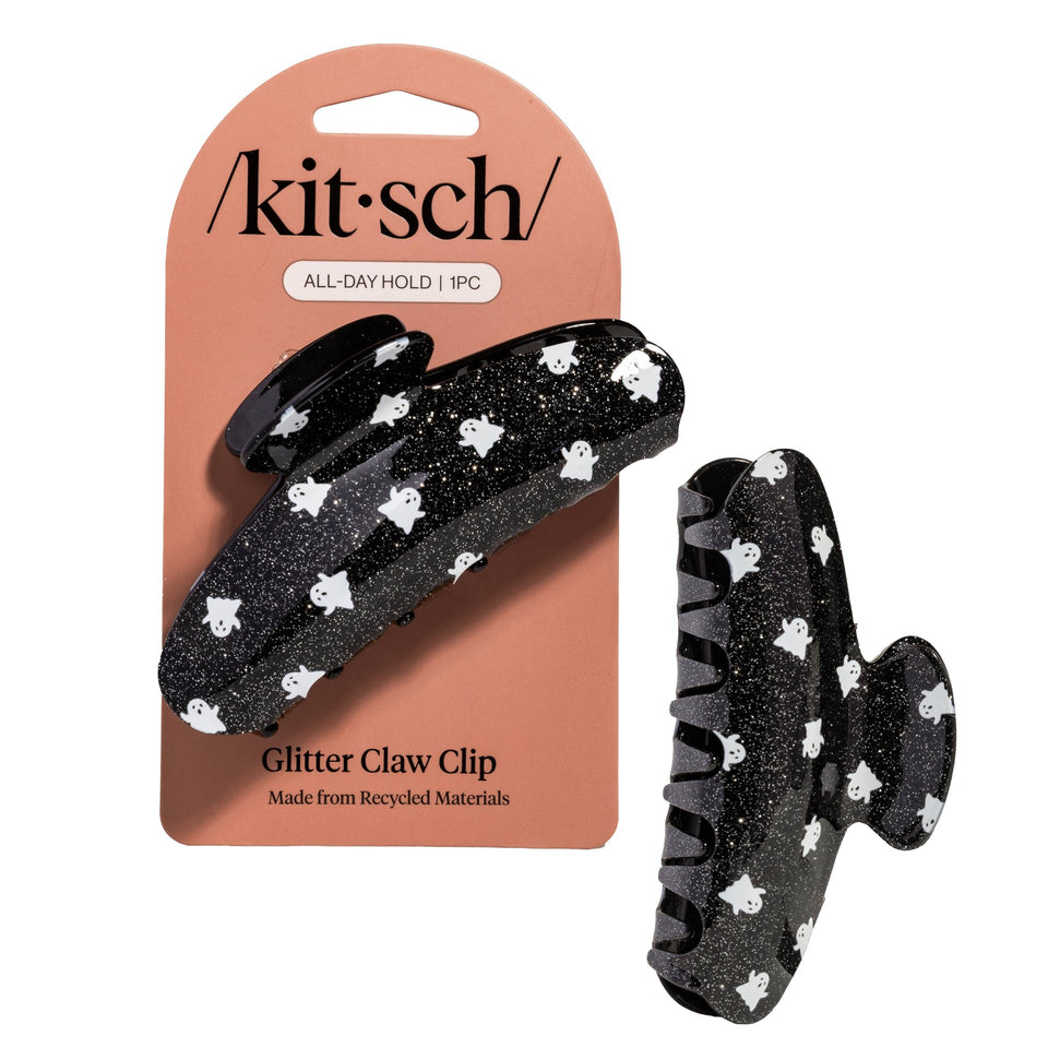 KITSCH Glitter Claw Clip with ghost print on packaging showing all-day hold design made from recycled materials