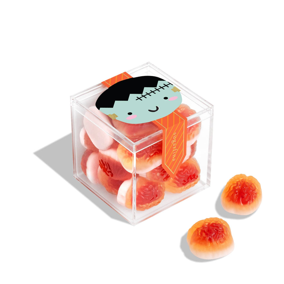 Sugarfina Zombie Brains gummy candy in clear box with cute monster face lid and loose pieces