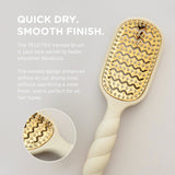 TELETIES Vented Hair Brush in tan with gold bristles showing quick-dry technology and smooth finish benefits