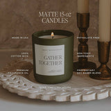 Sweet Water Decor Gather Together 15 oz soy candle with product features including cotton wick, burn time, and ingredients
