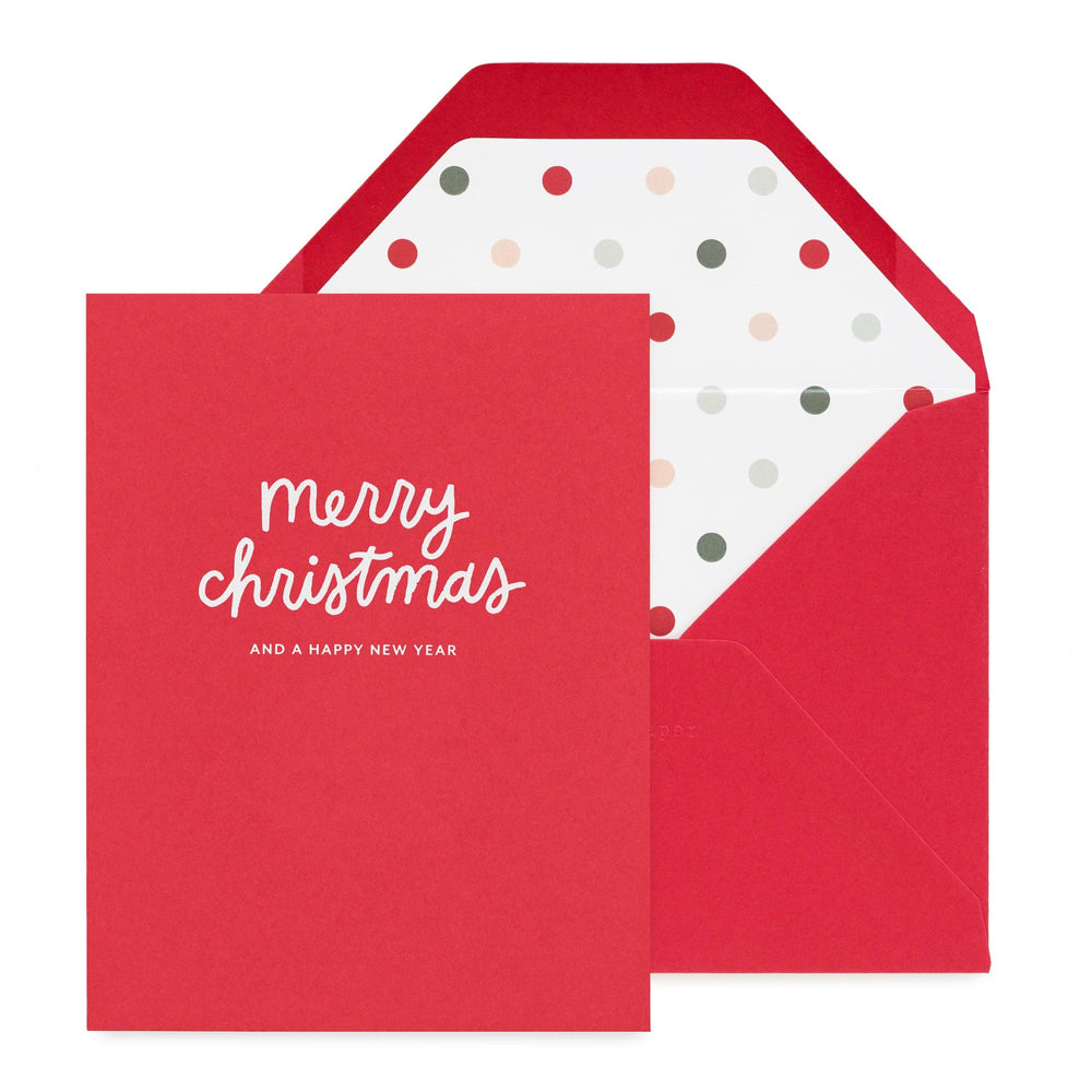 Red envelope with white polka dot lining and 'merry christmas' text greeting card