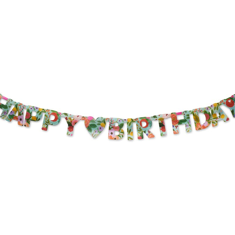 Rifle Paper Co. Garden Party Happy Birthday Banner with colorful floral design on white background