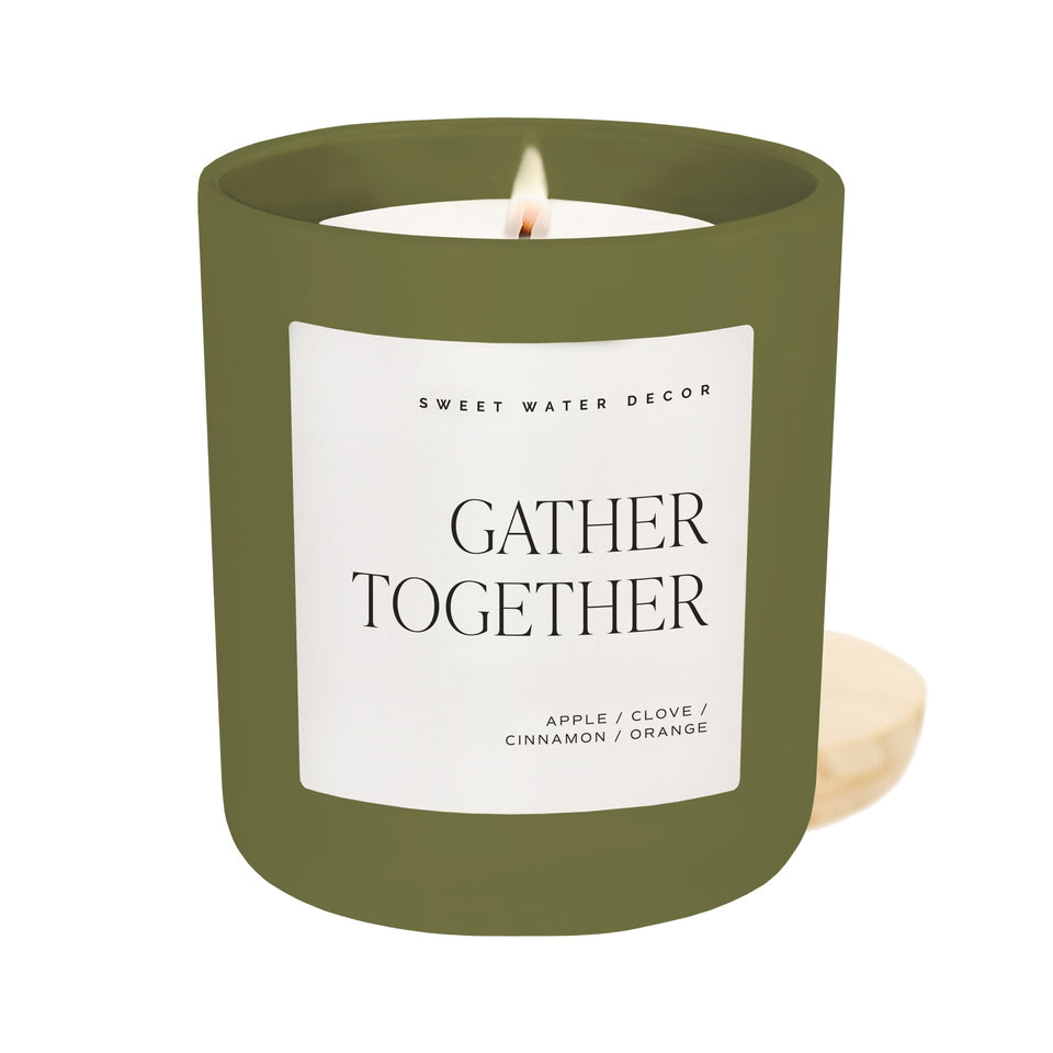 Gather Together 15 oz soy candle by Sweet Water Decor in olive green glass with white label