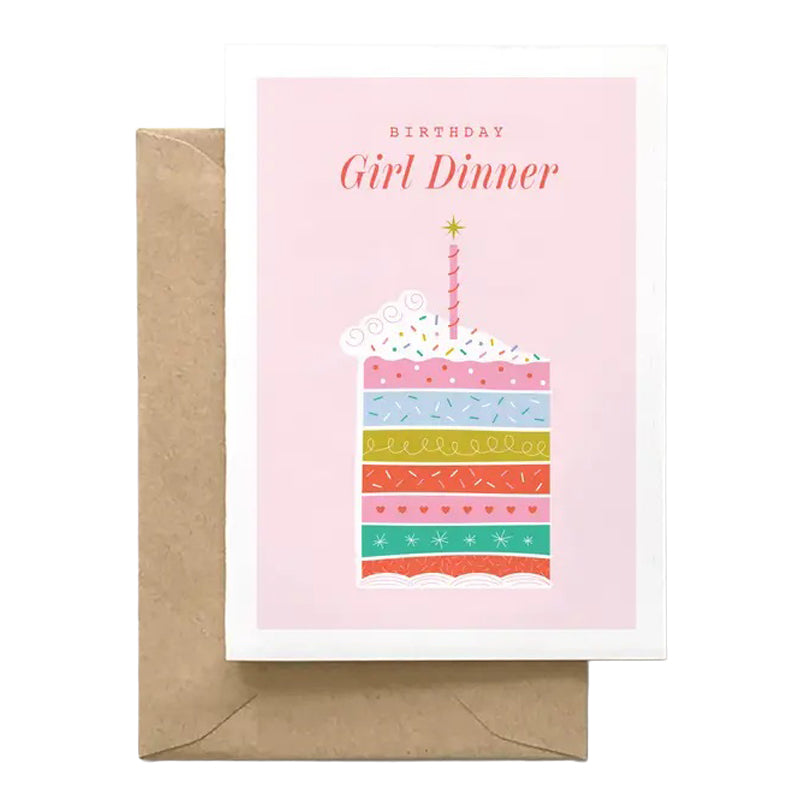 Greeting card with a colorful cake illustration and 'Birthday Girl Dinner' text on a pink background, with a brown envelope.