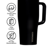 Corkcicle Cruiser tumbler in black showing the handle and CORKCICLE logo