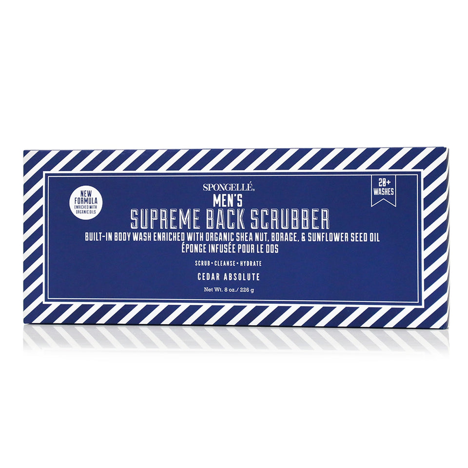 Spongellé Men's Supreme Back Scrubber with Cedar Absolute scent, 8 oz boxed exfoliating body wash sponge