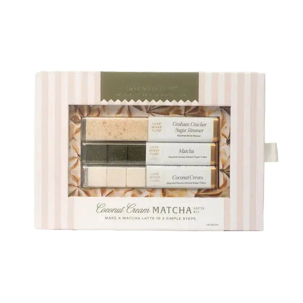 Coconut Cream Matcha Latte Mixer Kit in a pink striped box with three tubes of cubes
