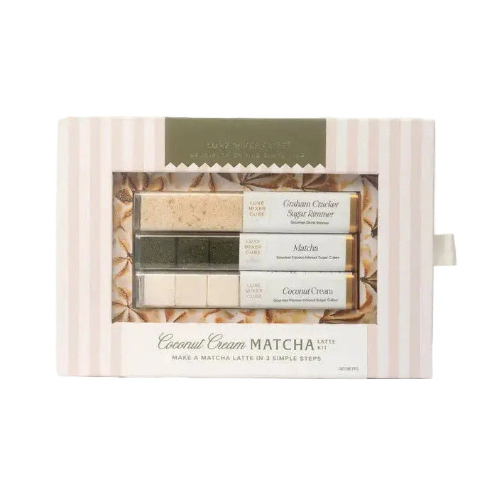 Coconut Cream Matcha Latte Mixer Kit in a pink striped box with three tubes of cubes