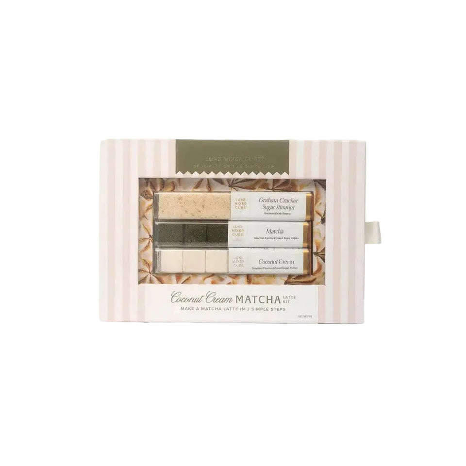 Luxe Mixer Cube Coconut Cream Matcha Latte Kit with three flavored sugar cubes in elegant striped packaging