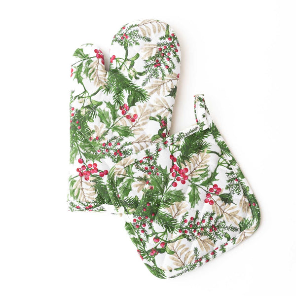 Woodland Berry Oven Mitt Set with green foliage and red berries on white background