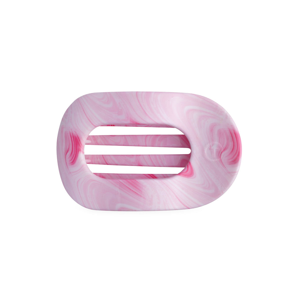 TELETIES Pinch Me Medium Flat Round Hair Clip in pink marble design on black background