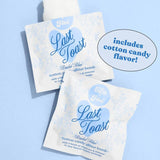 Last Toast glitter bombs packaging with cotton candy flavor callout on blue background