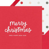 Red Christmas greeting card with white 'merry christmas' text and decorative dots