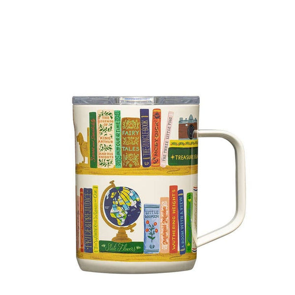 Corkcicle 16oz insulated mug with Rifle Paper Book Club design featuring illustrated book spines and globe