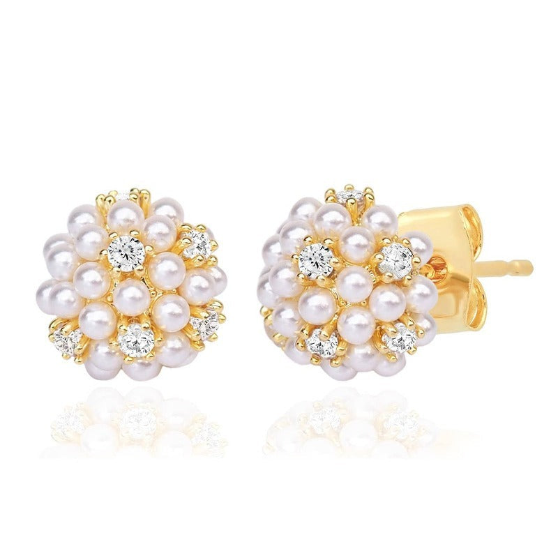 Tiny Pearl and CZ Cluster Stud Earrings in gold with white pearls and cubic zirconia