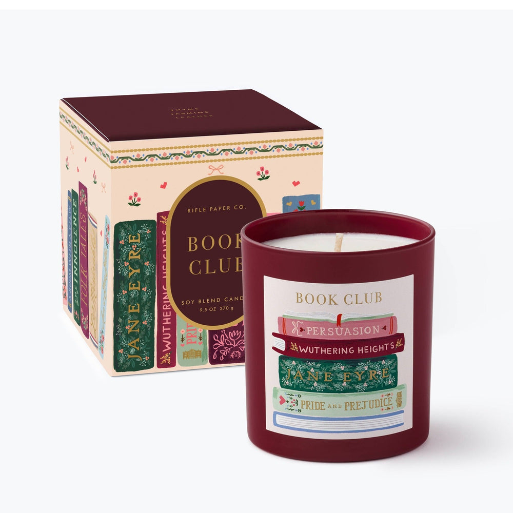 Rifle Paper Co. Book Club soy blend candle in burgundy glass with decorative book spine label and matching box