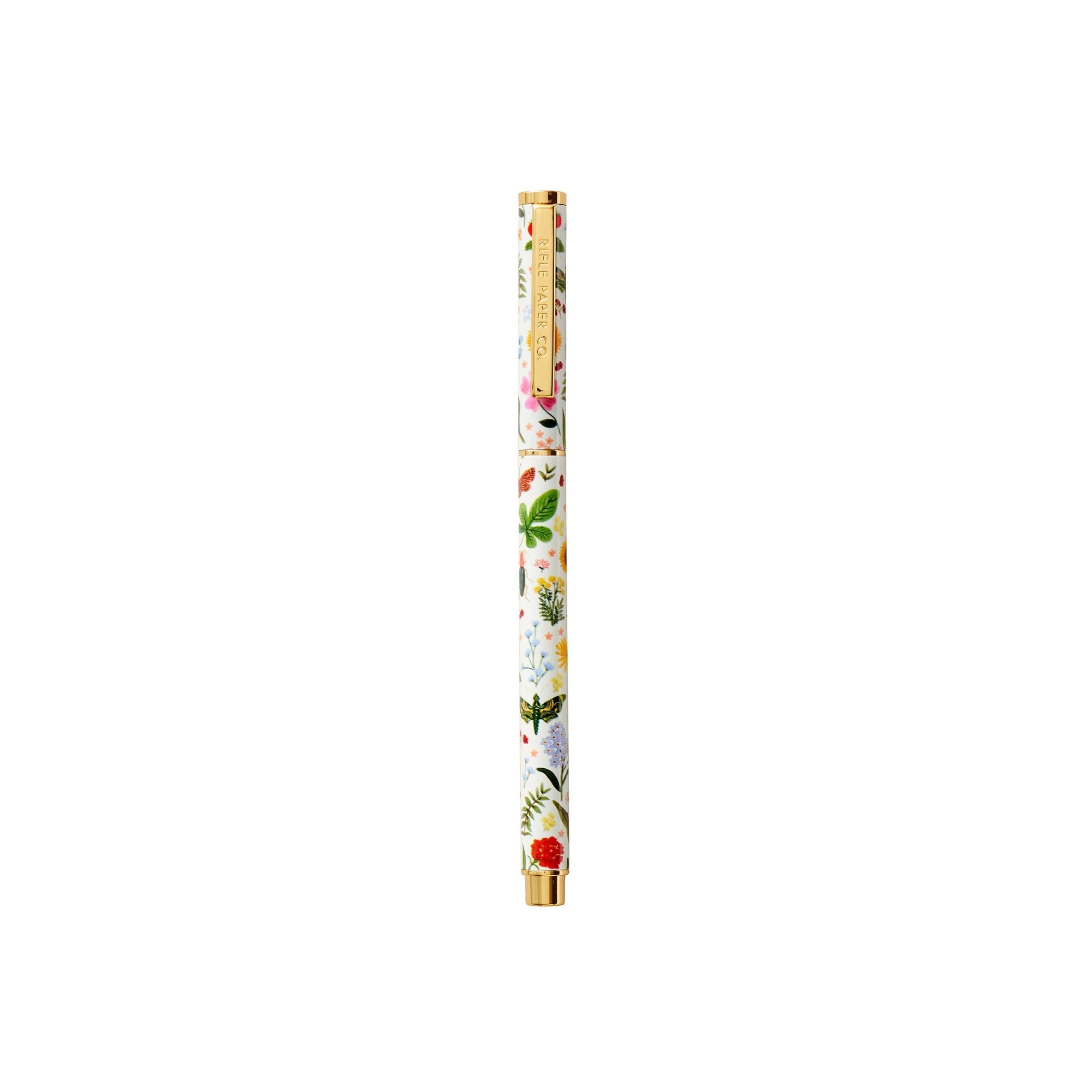 Rifle Paper Co. Curio Pen with floral design and gold accents on white background