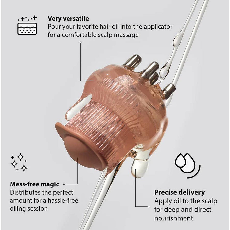 Kitsch Scalp & Hair Oil Applicator in terracotta with labeled features showing versatile use, mess-free distribution, and precise delivery