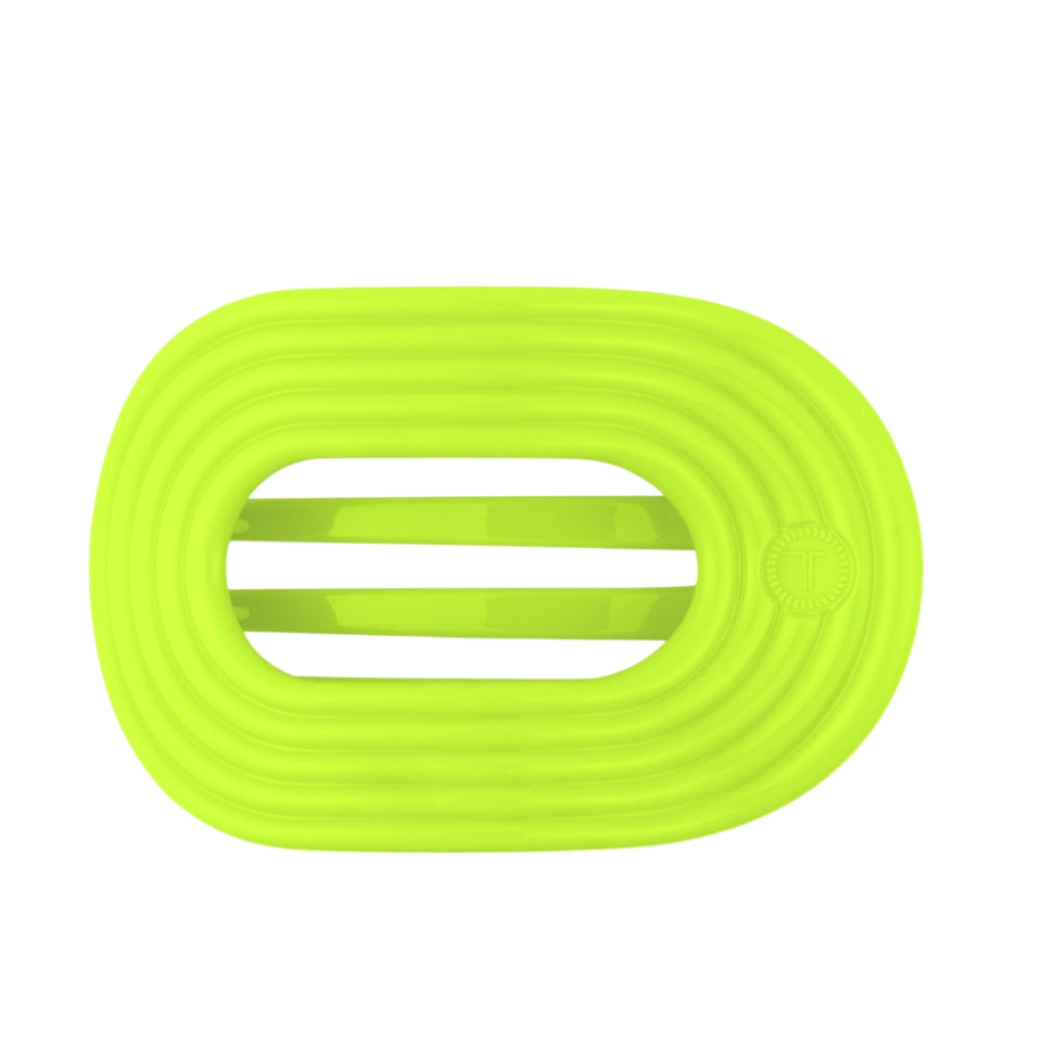 TELETIES Flat Round Palm Glow Large hair tie in neon yellow on black background