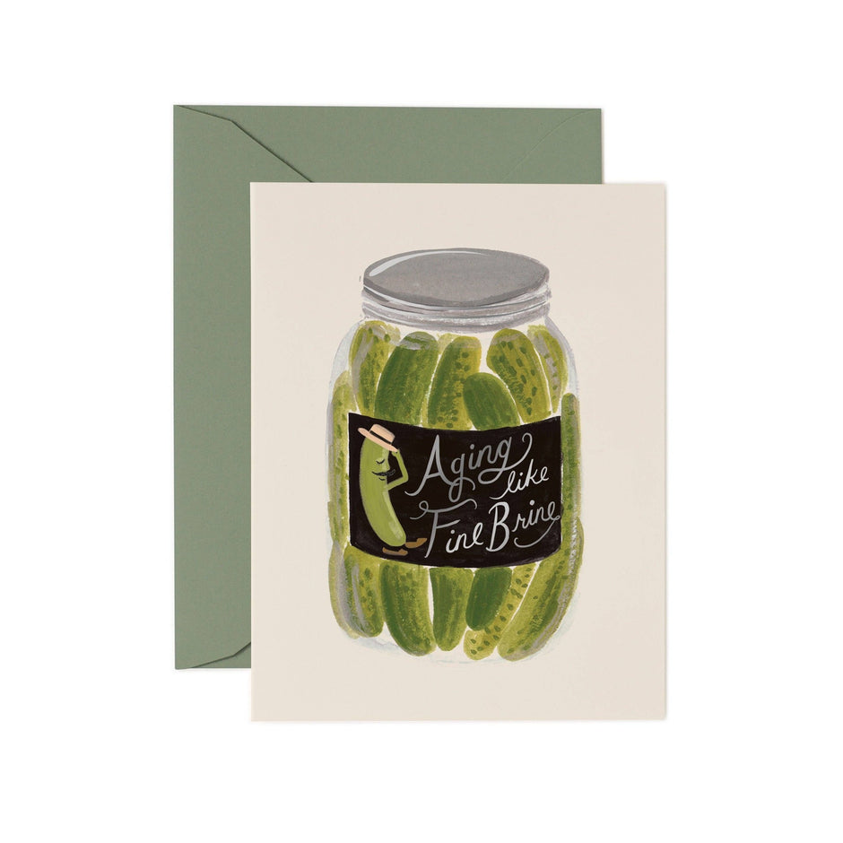 Aging Like Fine Brine Birthday Card featuring pickles in jar illustration with green envelope