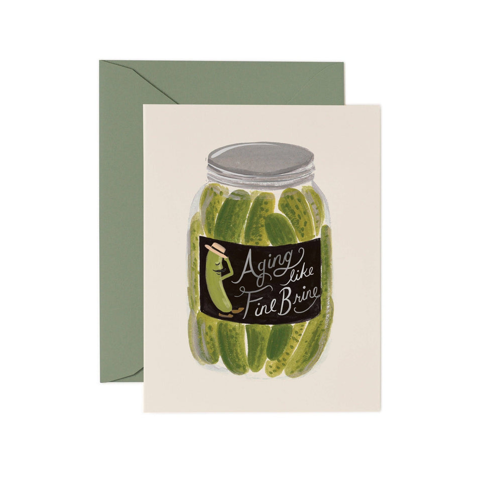 Aging Like Fine Brine Birthday Card featuring pickles in jar illustration with green envelope