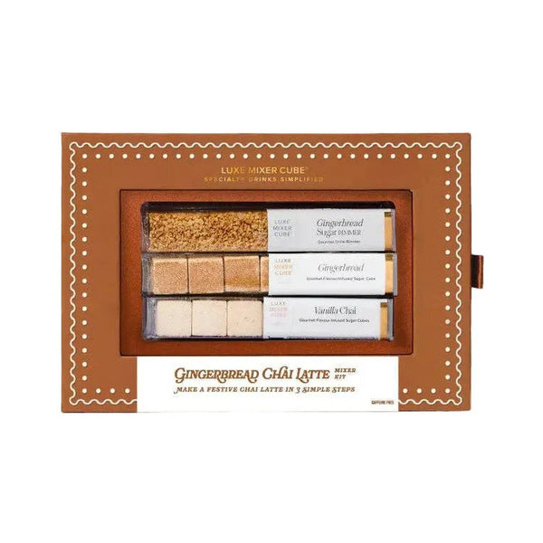 Gingerbread Chai Latte Mixer Kit in a brown box with a cookie-style border and three tubes of cubes
