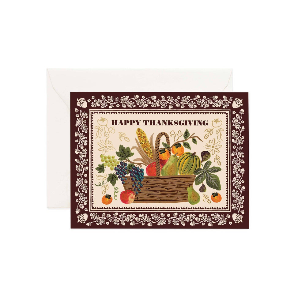 Rifle Paper Co. Harvest Thanksgiving Card with cornucopia basket design and brown decorative border