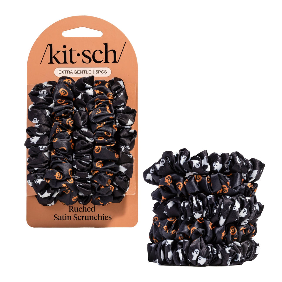 Kitsch Ruched Satin Scrunchies 5pc Set in black with ghost and pumpkin print pattern