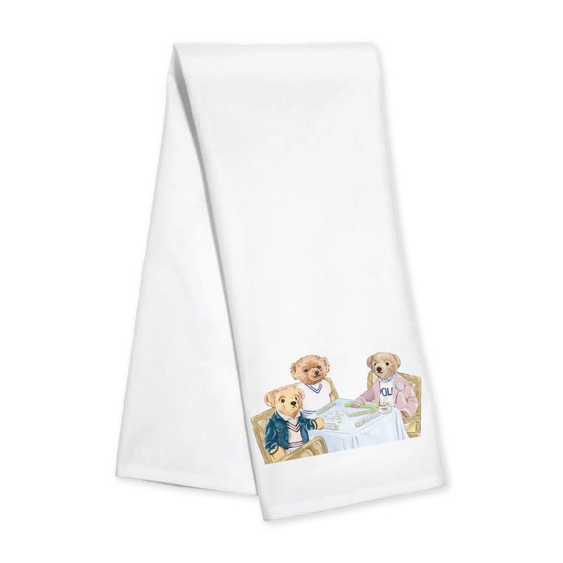 White kitchen towel with illustration of teddy bears playing mahjong
