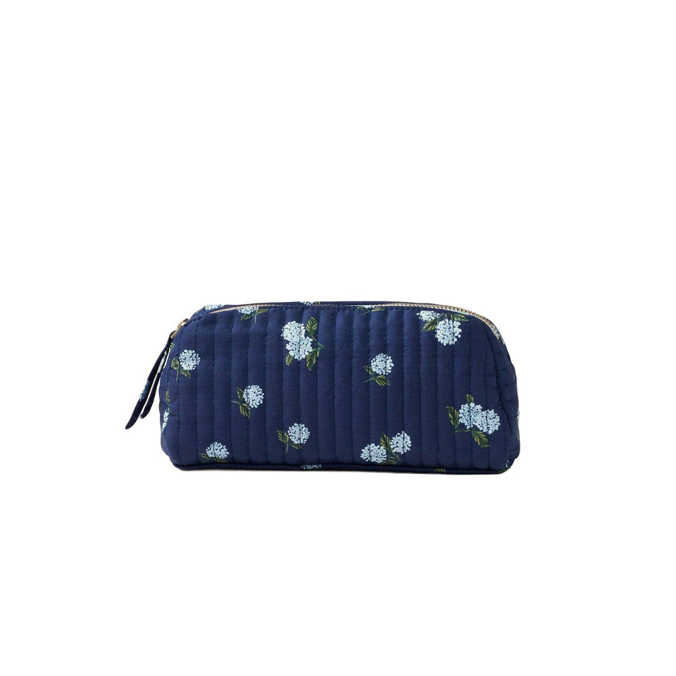 Rifle Paper Co. Ditsy Hydrangea Quilted Small Cosmetic Pouch in navy with white floral pattern
