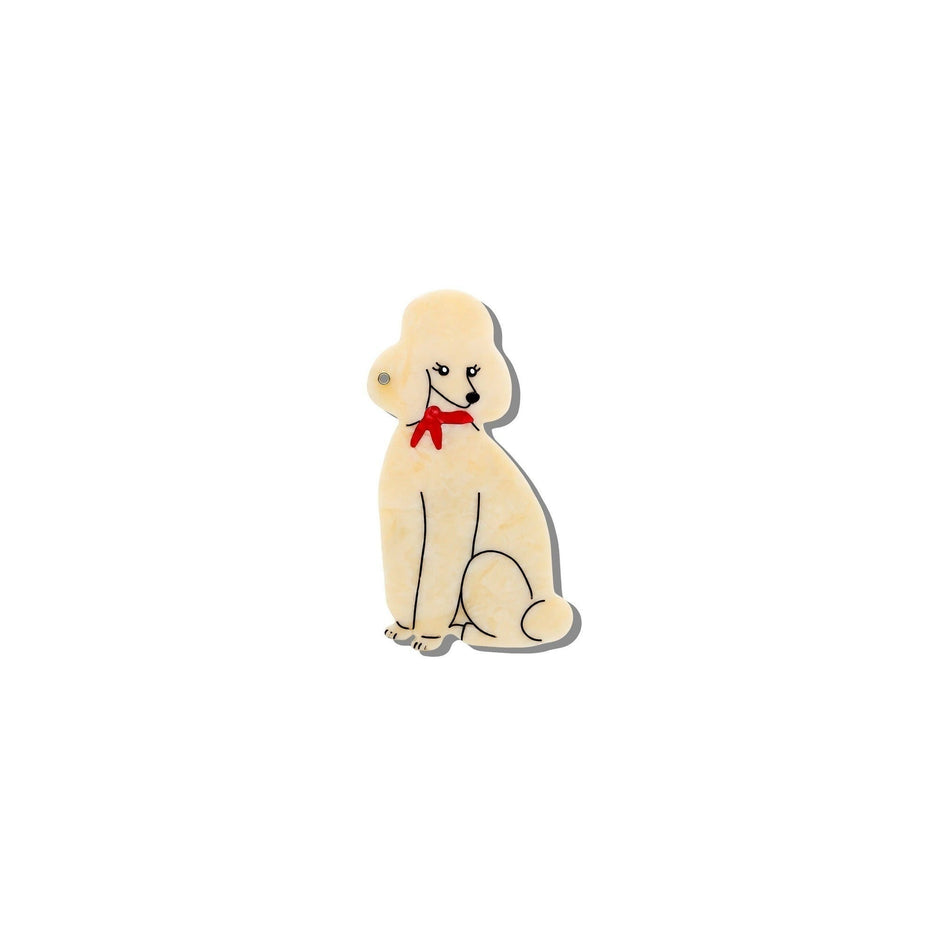 Hand-painted cream poodle compact mirror with red bow on white background