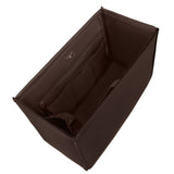 Brown leather tote organizer shown open from above, displaying interior compartments and storage space.