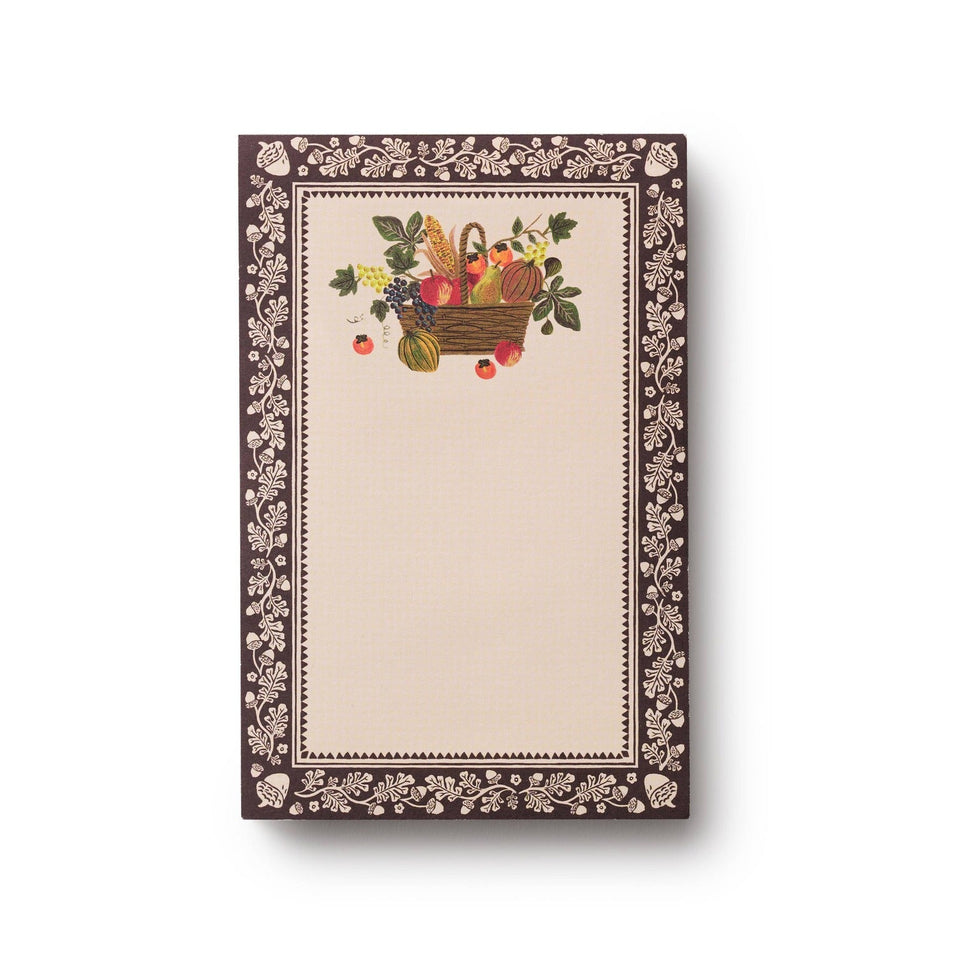 Rifle Paper Co. Harvest Notepad with woven basket illustration and ornate brown damask border
