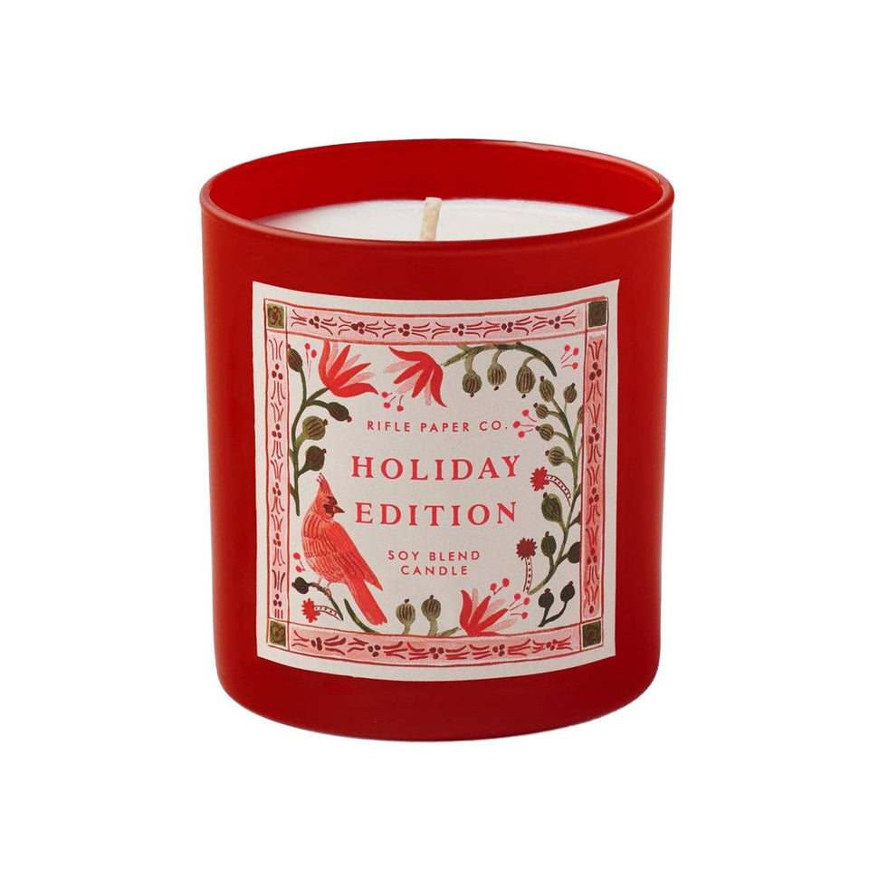 RIFLE PAPER CO. Cardinals Holiday 9.5 oz soy blend candle in red glass with decorative label