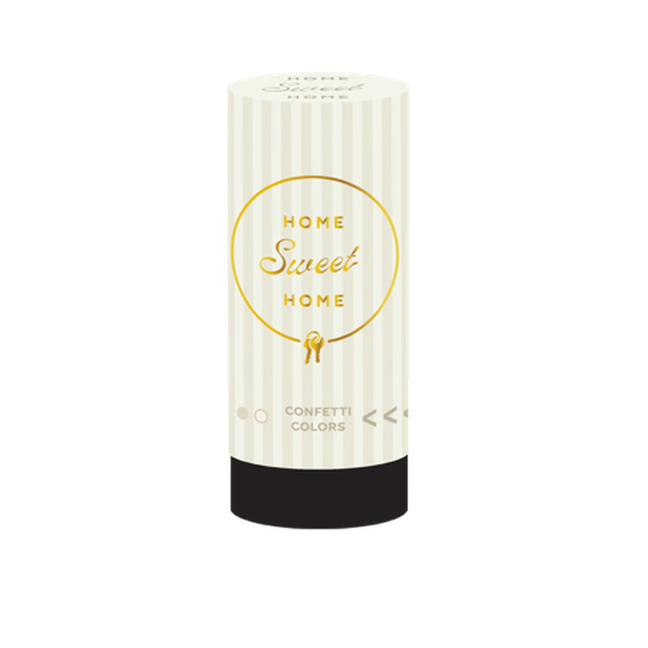 Home Sweet Home white confetti popper with gold circular label on black background