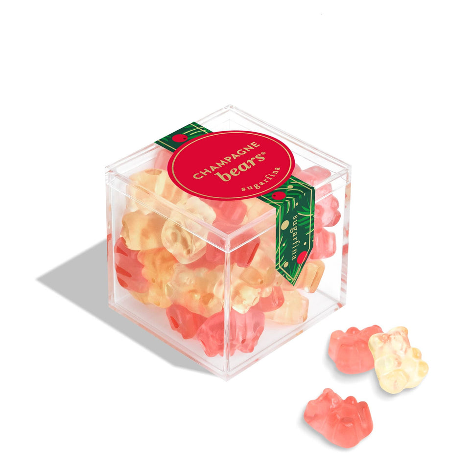 Champagne Bears gummy candy in clear cube box with red label on white background