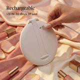 FANCII Abigail rechargeable travel mirror with light, held in hand on pink background with text overlay