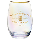Gold foil stemless wine glass with Mahjong Social Club design on white background