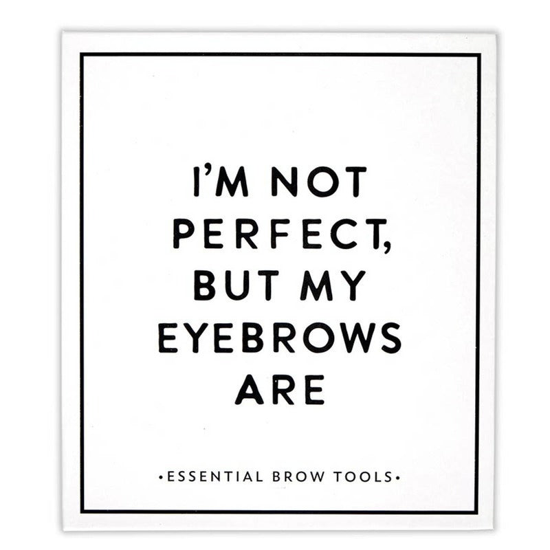 Eyebrow tool box with humorous text about imperfect eyebrows and essential brow tools